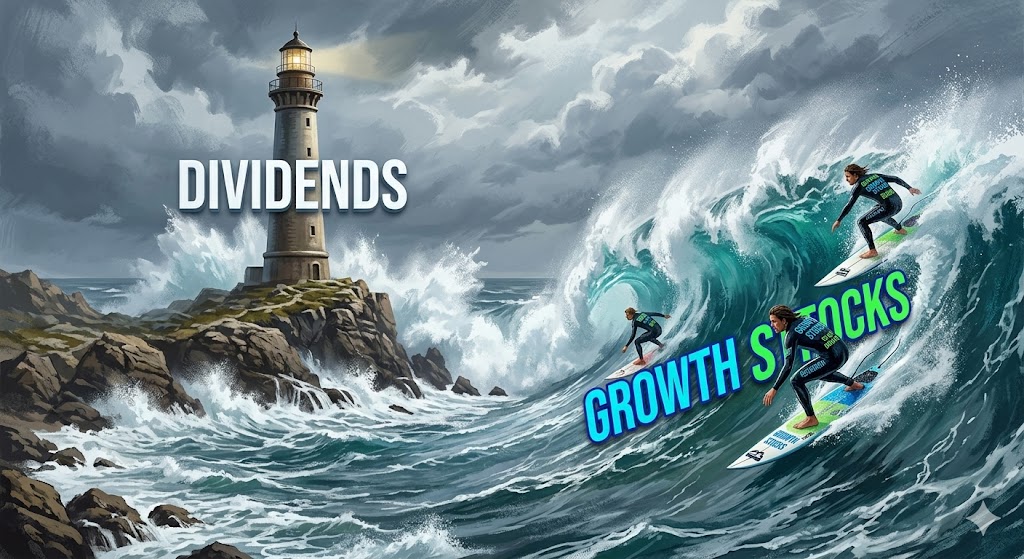 거친 파도 속 흔들리지 않는 등대(배당주)와 빠르게 지나가는 서퍼(성장주)