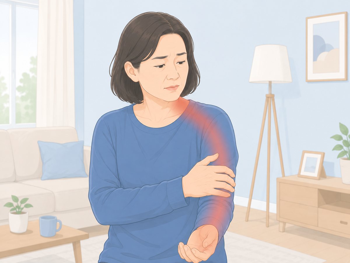 목에서 팔&middot;손으로 붉은 통증 줄기가 내려가 팔을 붙잡은 여성