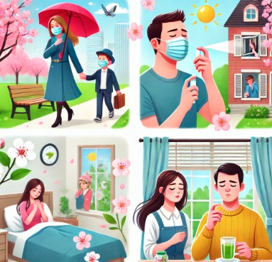 봄철 알레르기 예방을 위해 약을 먹거나 마스크를 쓰고 다니는 모습