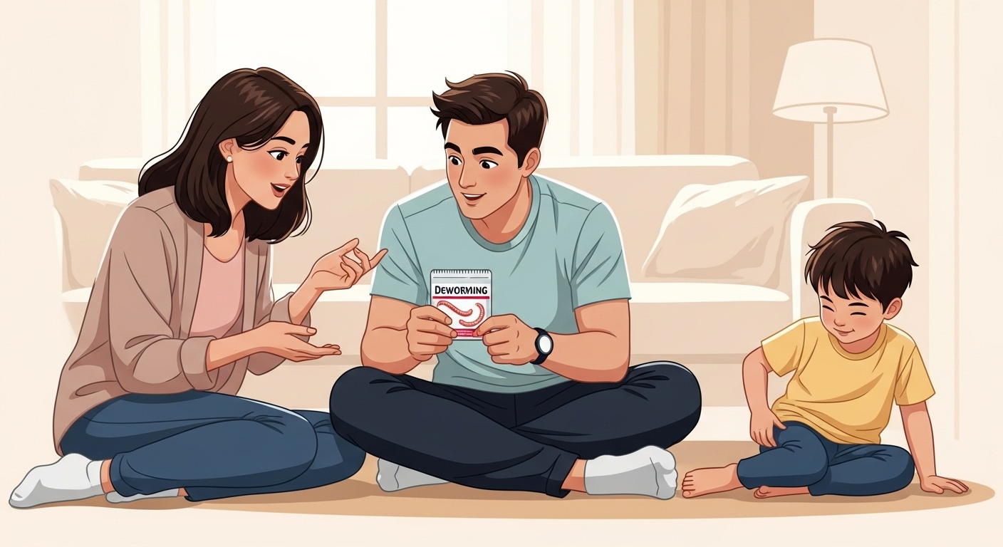 요충 감염이 의심되는 아이와 함께 온 가족이 구충제 복용에 대해 이야기하는 따뜻한 가정의 모습. 가족 건강 관리의 중요성을 나타냄.