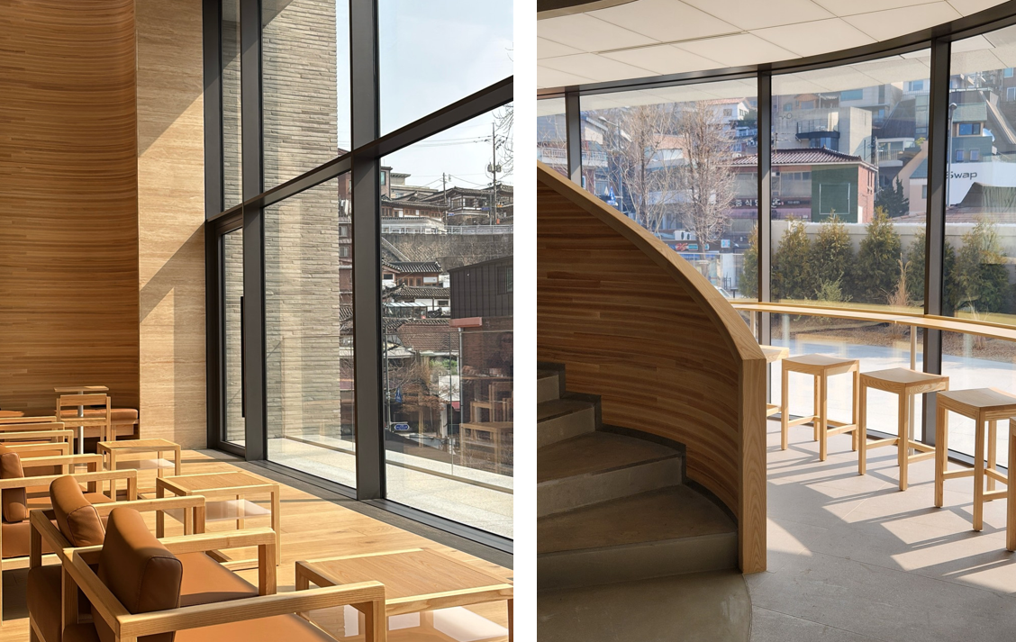 삼청동 신상카페 포스톤즈 삼청점 내부 전경, 통유리와 우드 인테리어가 어우러진 햇살 가득한 감성 좌석 공간