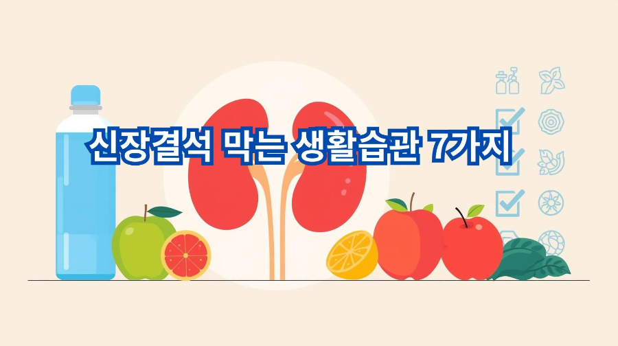 건강한 신장을 상징하는 아이콘과 물병, 과일, 체크리스트 그림이 함께 배치된 예방용 썸네일 이미지