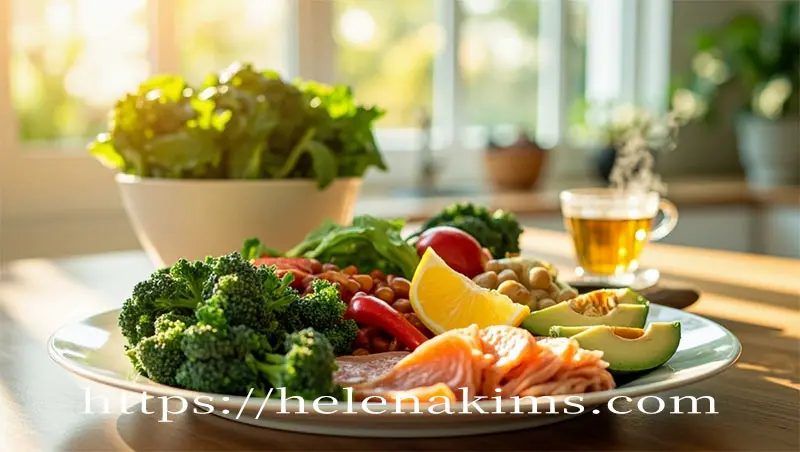 식탁 위 하얀 접시에 브로콜리, 연어, 견과류,아보카도 등 싱싱한 채소들이 따뜻한 한 잔의 차가 놓여 있는 이미지.