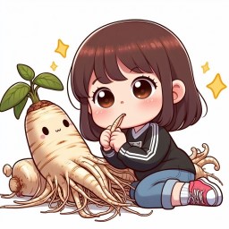 A cute girl eating a mysterious ginseng in a cartoon style