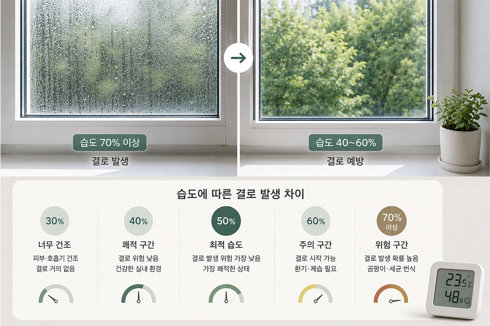 실내 습도가 높을수록 창문 결로 위험이 커지는 모습과 습도 40~60% 관리 기준을 비교한 인포그래픽
