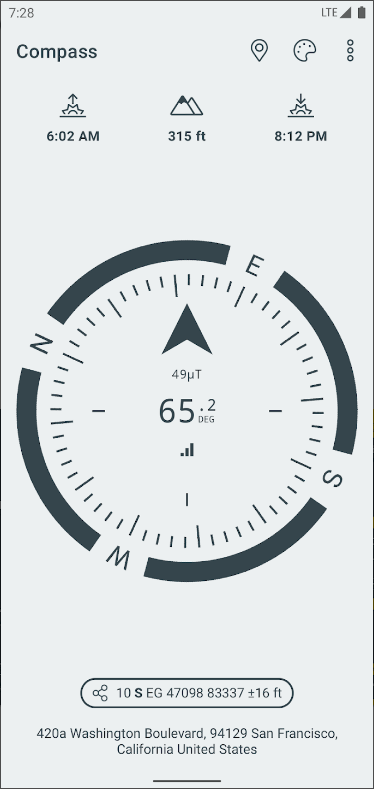 나침반 어풀, 지리적 북쪽 및 해발 고도 측정, 일출 및 일몰 시간 제공