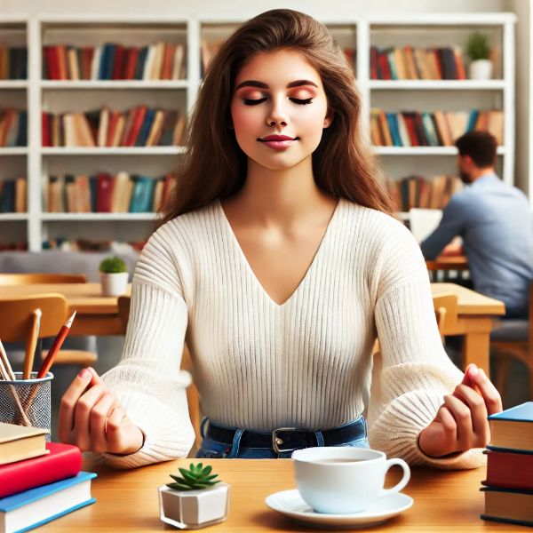 도서관에서 명상과 심호흡을 연습하며 정신 건강을 관리하는 학생