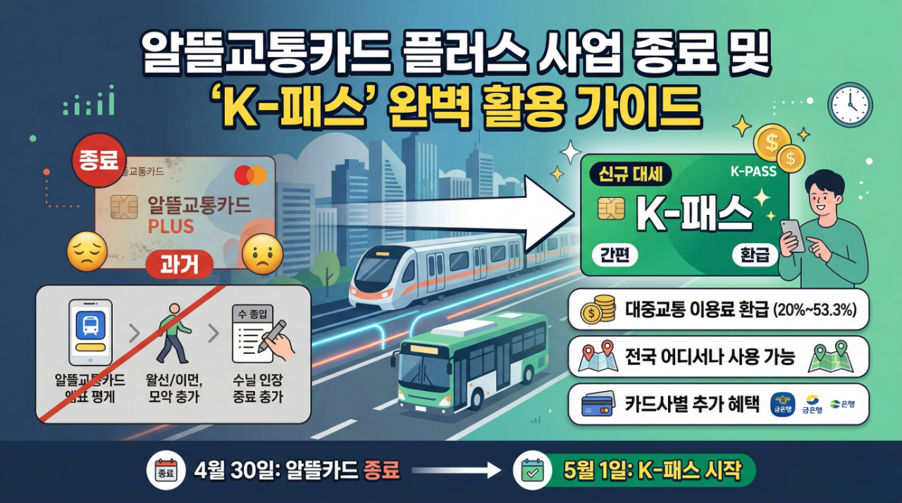 2026년 K-패스 혜택 안내 인포그래픽. 지하철과 버스 배경 위로 K-패스 카드 이미지와 주요 환급 비율이 표시되어 대중교통비 절감 혜택을 강조하고 있습니다.