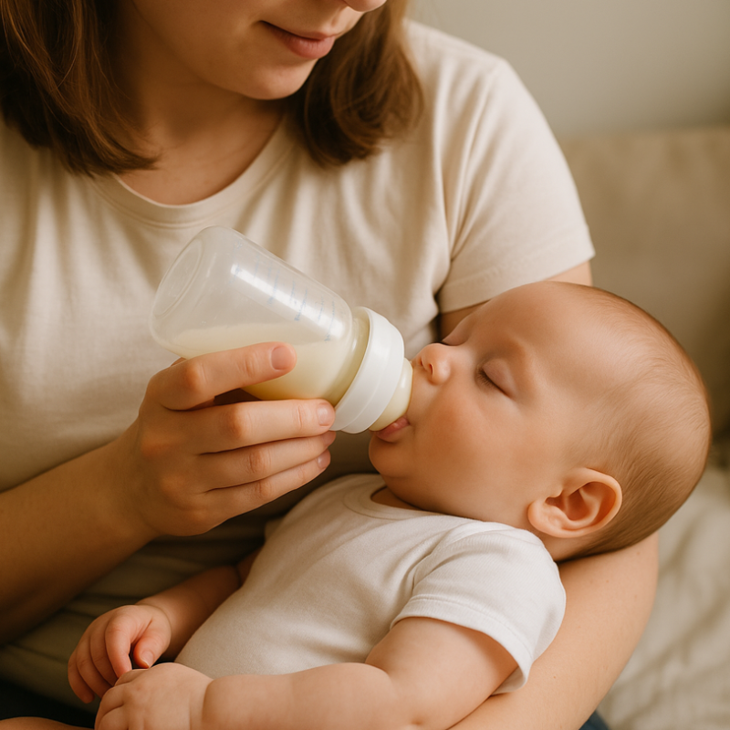 "엄마가 아기에게 젖병으로 분유를 먹이는 모습, 아기의 영양과 분유 선택을 상징하는 따뜻한 장면"
