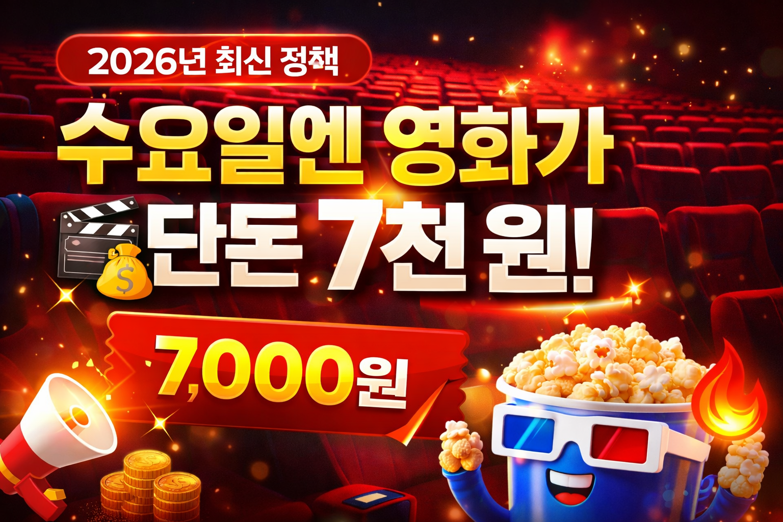 2026년 수요일 영화 7천 원 정책을 알리는 한국 극장 프로모션 그래픽