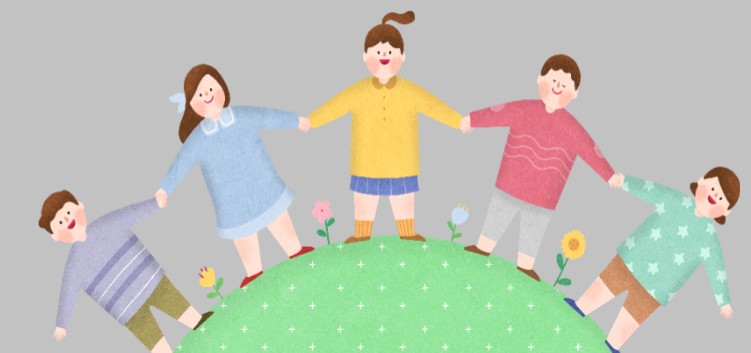 어린이들이 손을 잡고 초록 언덕 위에 서 있는 모습, 디딤씨앗통장 지원으로 아이들의 안정적 미래 준비를 상징하는 장면