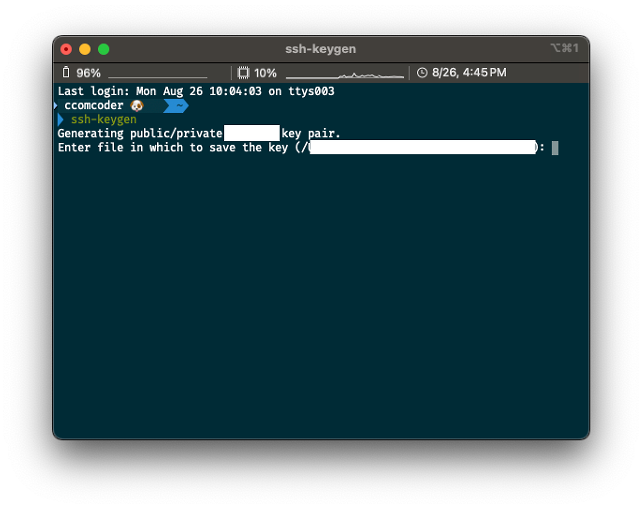터미널에서 ssh-keygen 명령어로 SSH 키를 생성하는 과정