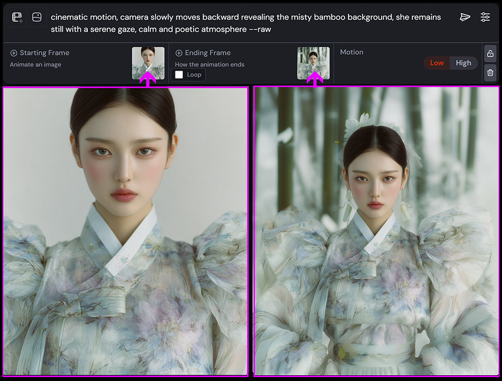 Start/End 프레임 기반 transition 영상 생성 설정 화면 예시_Midjourney