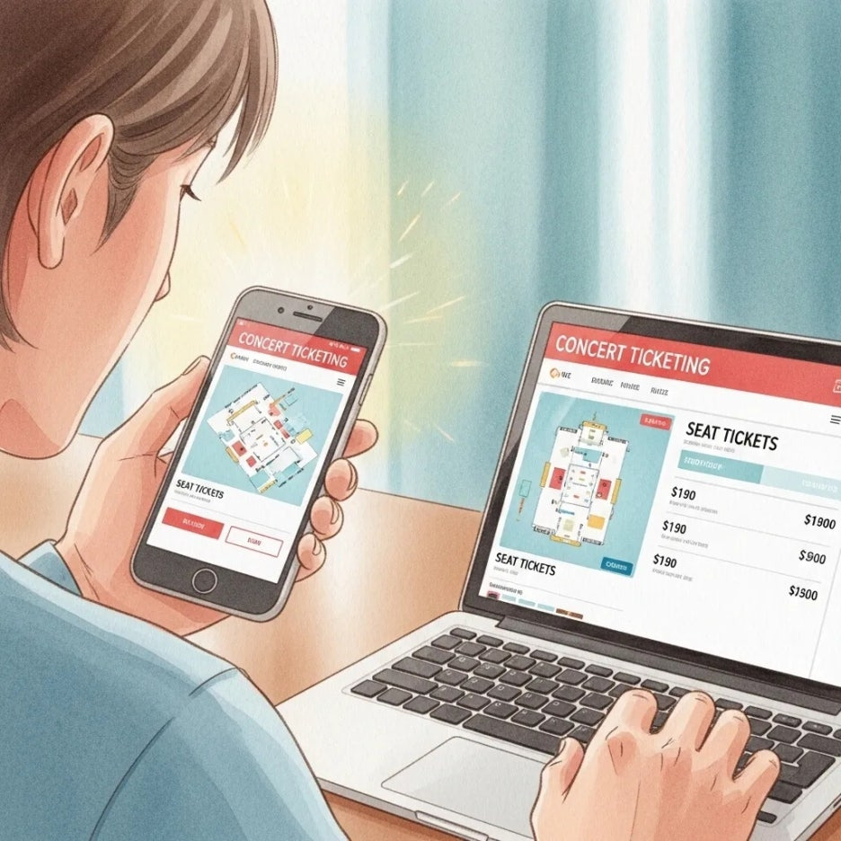 콘서트 티켓팅을 위해 집중하는 손과 화면.