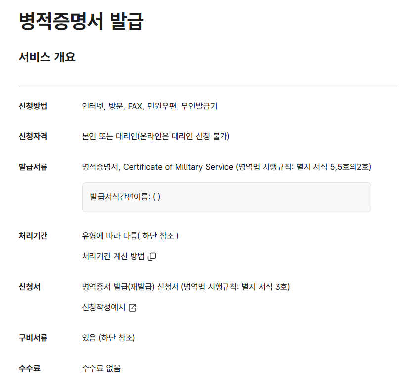 정부24 병적증명서 발급 신청 화면