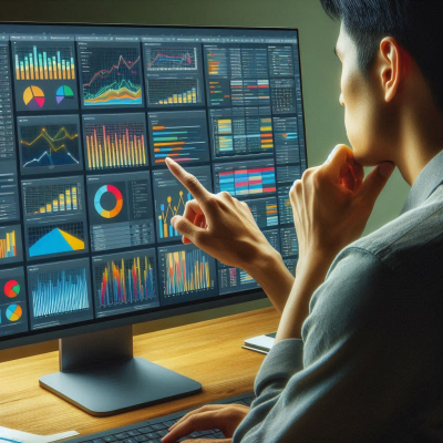 "여러 화면에서 복잡한 데이터 분석을 하는 모습"