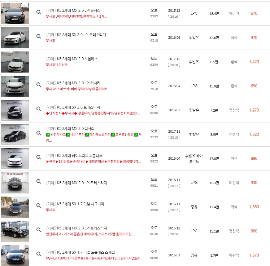 K5 2세대 중고차 시세 : 550만원~1,960만원