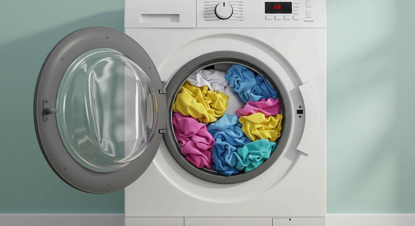 현대식 드럼 세탁기 안에 가득 찬 빨래, 물 절약과 전기 절약 세탁 습관을 보여주는 이미지