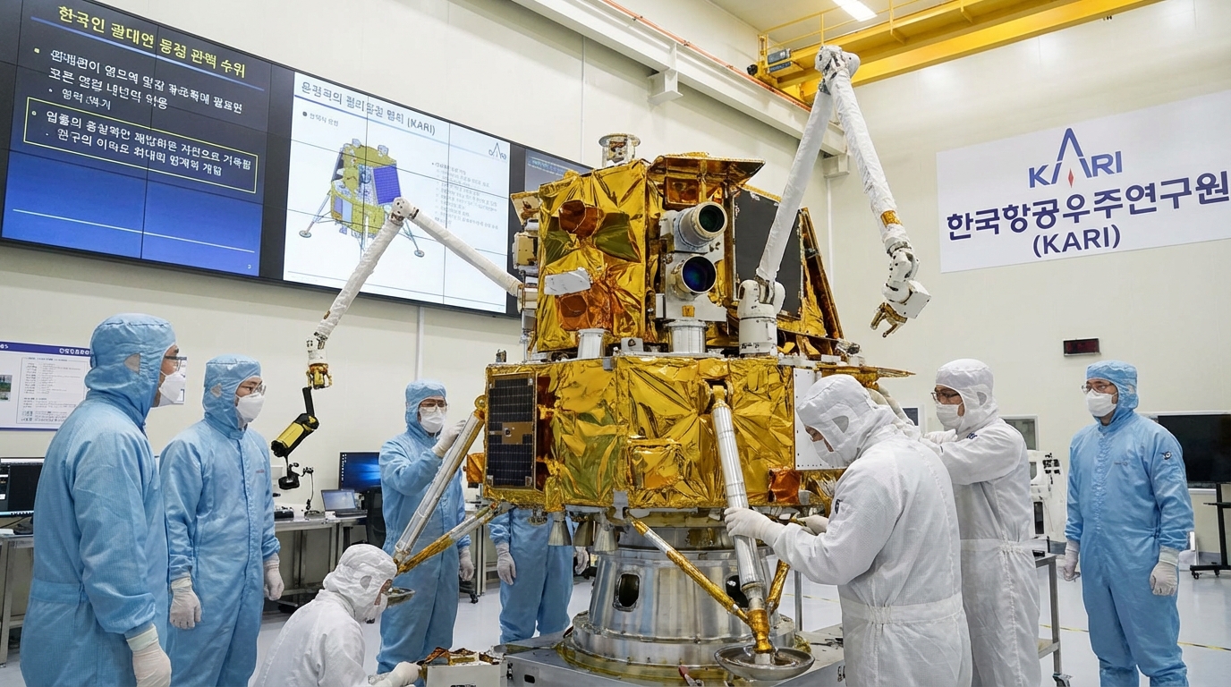 국내 최첨단 우주 연구소에서 연구원들이 한국형 달 착륙선 프로토타입을 정밀 제작 중인 모습