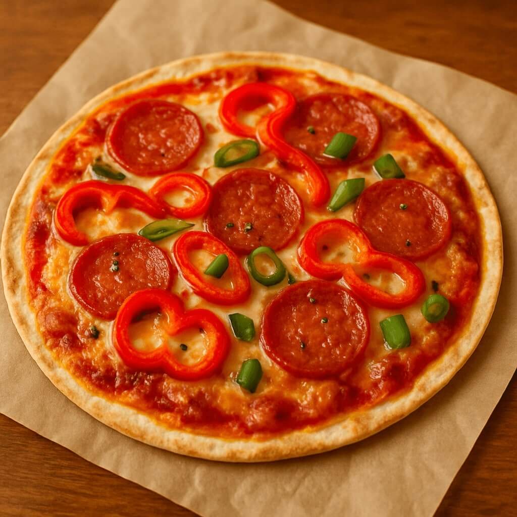 맛있게 잘 구워진 페퍼로니가 올라간 또띠아 피자