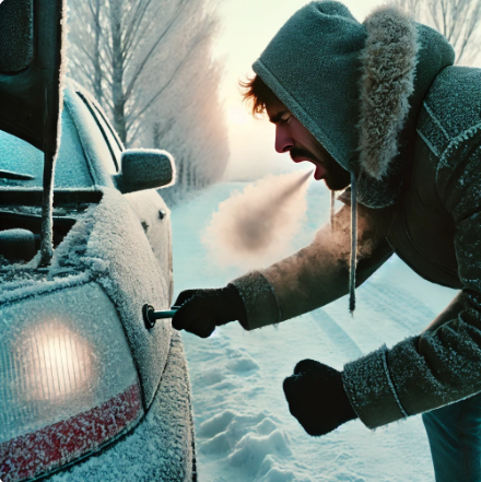 겨울철 차량 시동이 걸리지 않아 당황하고 있는 사람의 이미지
