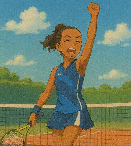 레일라 페르난데스가 멋진 샷을 성공한후 한손을 번쩍 들고 환호하는 지브리스타일 그림