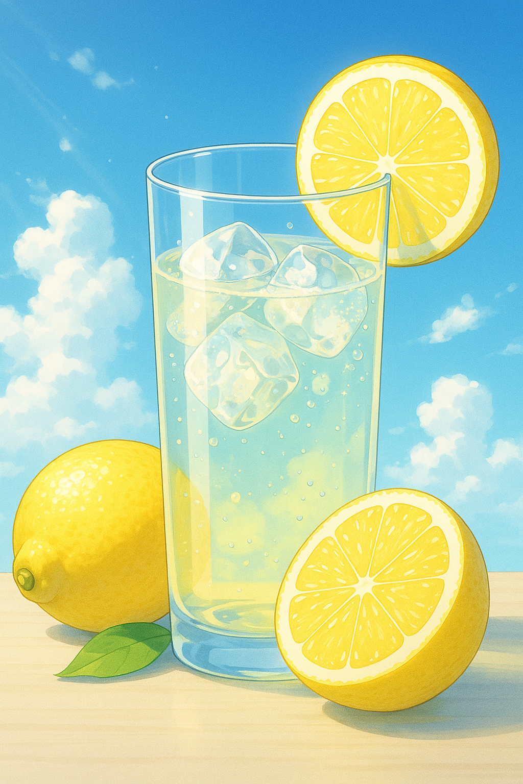 상큼한 레몬과 유리잔에 담긴 레몬수, 일본 애니메이션 스타일 일러스트 &ndash; 여름철 피부 해독과 수분 공급에 좋은 뷰티 음료 이미지