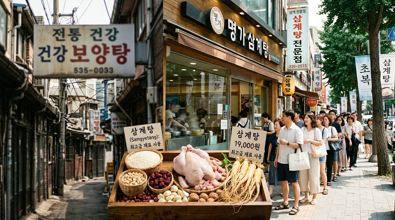 삼계탕 식당과 보양식 재료를 보여주는 복날 외식 시장 이미지