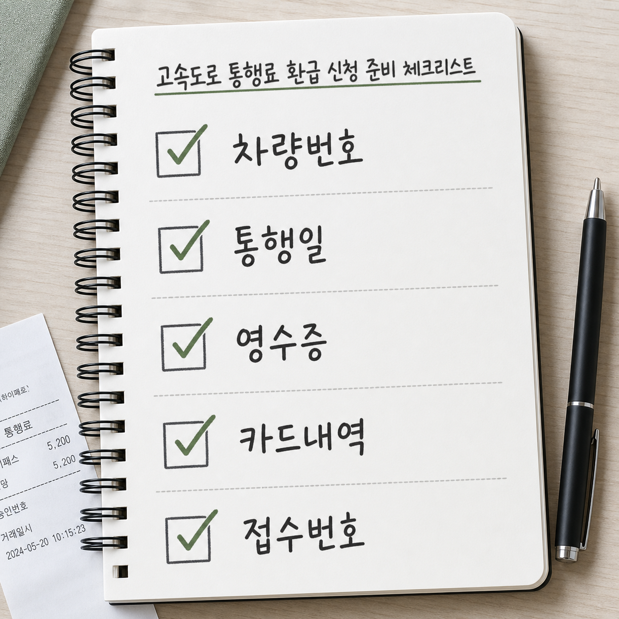 고속도로 통행료 환불 신청 전 차량번호, 통행일, 영수증, 카드 내역을 적어둔 체크리스트