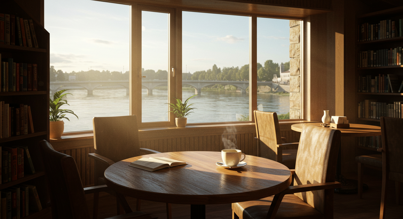 가상의 통창 너머로 한강이 보이는 조용한 북카페 강변서재 내부 전경