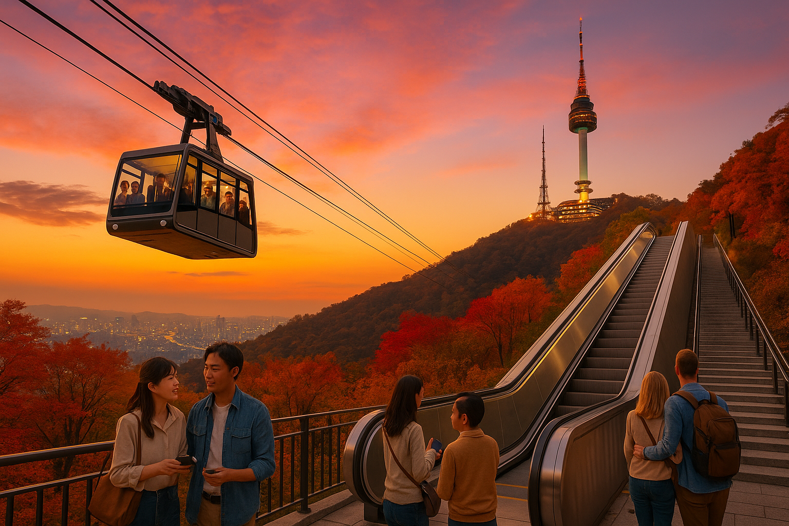 가을 남산 케이블카와 오르미 에스컬레이터 풍경