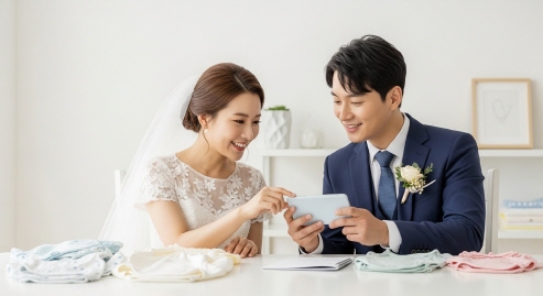 신혼부부가 아기 옷을 고르며 스마트폰을 함께 보는 장면