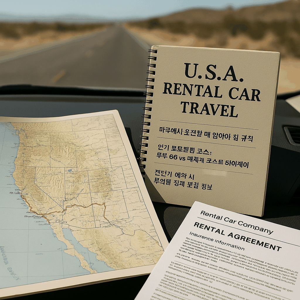 미국 로드트립을 떠나는 렌터카 안에서 지도와 여행 가이드북을 펼쳐 놓은 장면