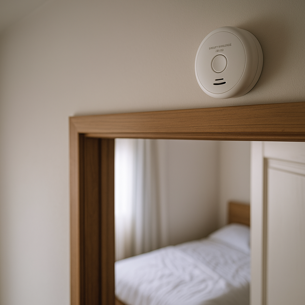 침실 문 위 천장 가까이에 설치된 일산화탄소 경보기, 수면 공간 인근 권장 위치 예시