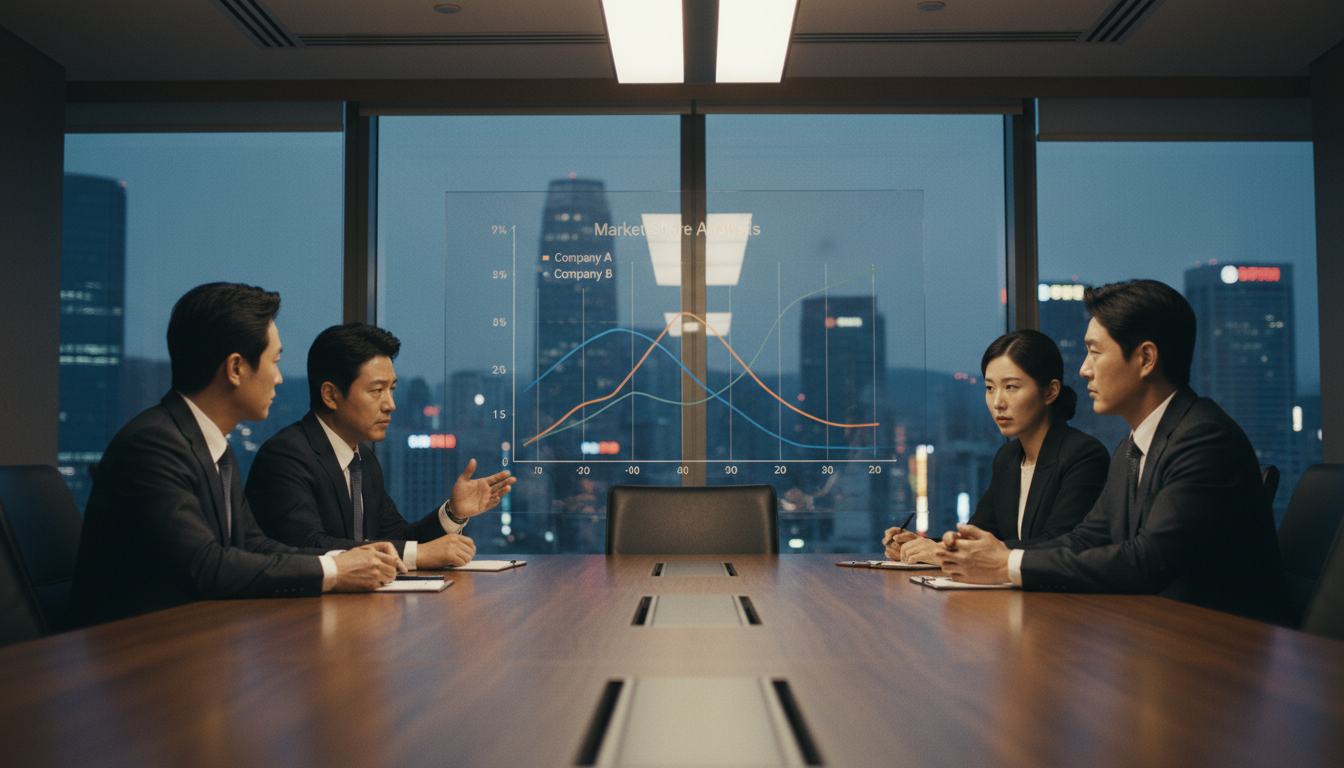 서울의 고층 사무실에서 열리는 전문적인 비즈니스 회의 장면. 투명 유리 보드에 '삼성 vs SK' 시장 점유율 분석 차트가 그려져 있다. 진지한 분위기 속에서 임원들이 전략을 논의하고 있다. 사실적인 조명.
