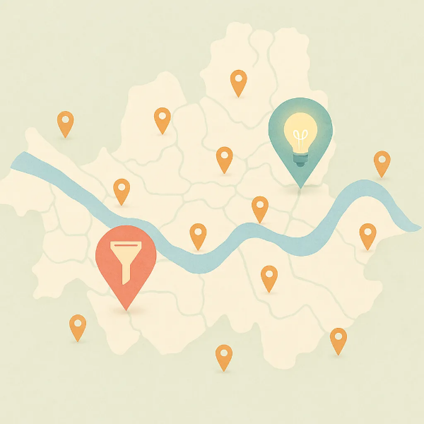 파스텔 서울 지도에 한강 곡선과 전구·필터 핀 마커