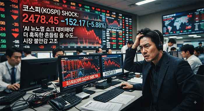 증권가 주식 시장 하락과 불안해하는 트레이더의 모습.