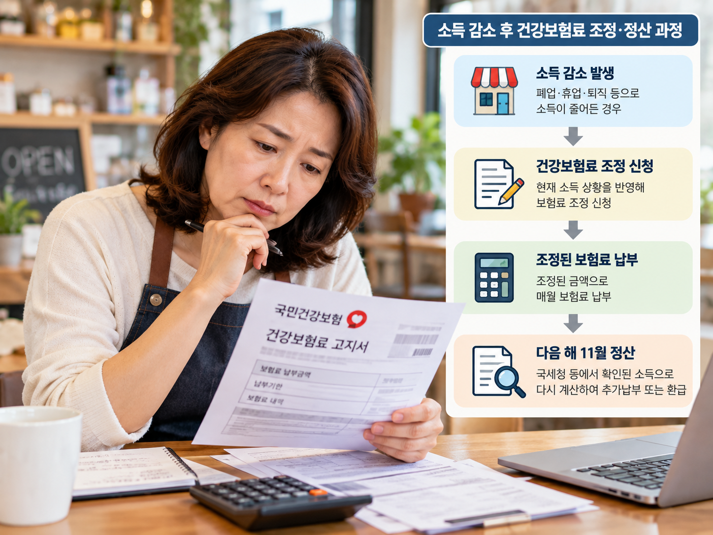 소득 감소 후 건강보험료 조정&middot;정산 과정을 확인하는 자영업자