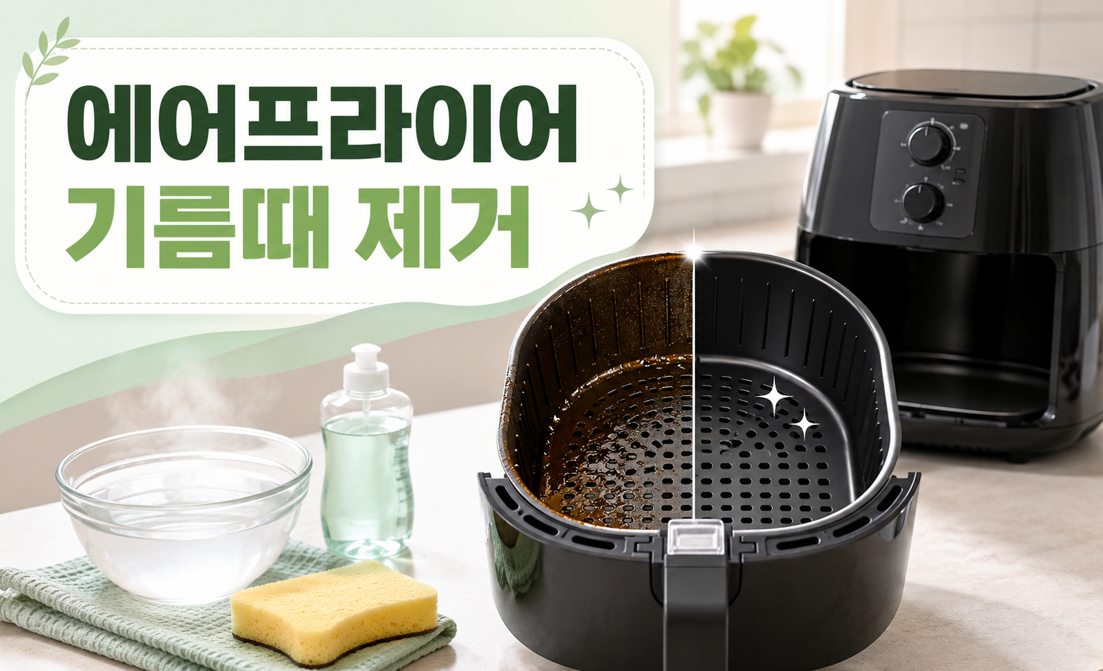 에어프라이어 바스켓의 기름때 제거 전후 비교