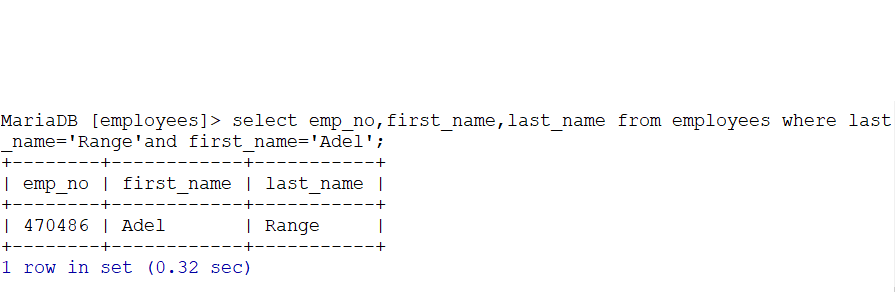 이 SQL 쿼리는 "employees" 테이블에서 성이 'Range'이고 이름이 'Adel'인 직원의 사원 번호(emp_no), 이름(first_name), 성(last_name)을 선택하는 것을 의미합니다.