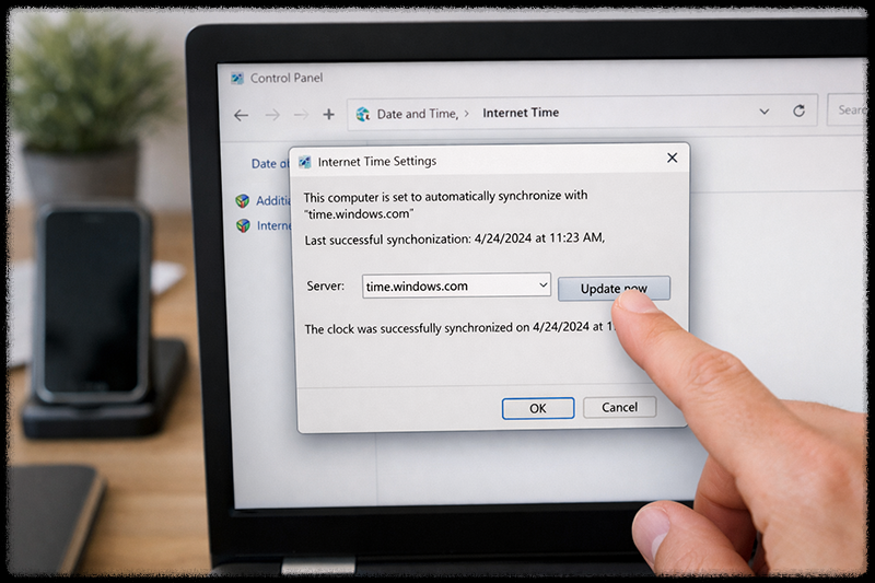 윈도우에서 인터넷 시간 동기화를 실행하는 모습