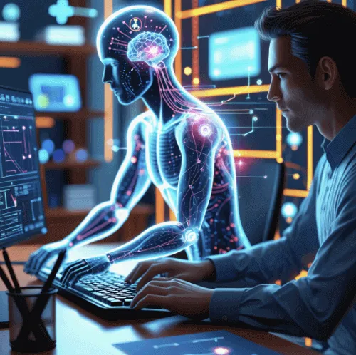 고급 디지털 환경에서 인간 남성과 빛나는 투명형 AI 휴머노이드가 나란히 앉아 키보드를 함께 사용하는 모습의 일러스트 이미지. 이 이미지는 인간과 Agentic AI가 나란히 협업하며 코딩, 데이터 분석 또는 디지털 작업을 수행하는 장면을 통해, 첨단 기술과 협업형 AI의 미래적 비전을 시각적으로 표현함 (human AI collaboration, agentic AI, future of work)