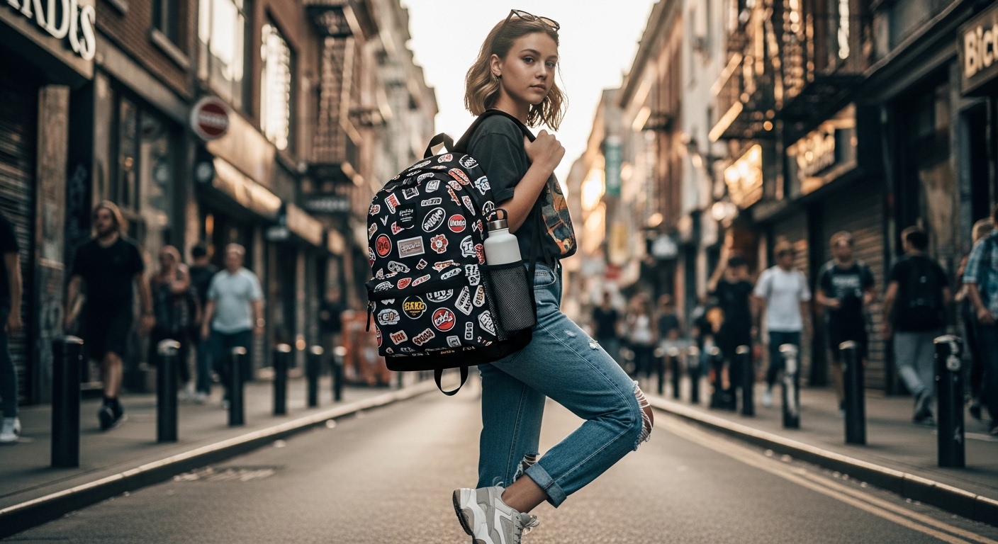 중고등학생들이 좋아하는 브랜드 로고와 메쉬 포켓 디테일이 살아있는 검은색 백팩