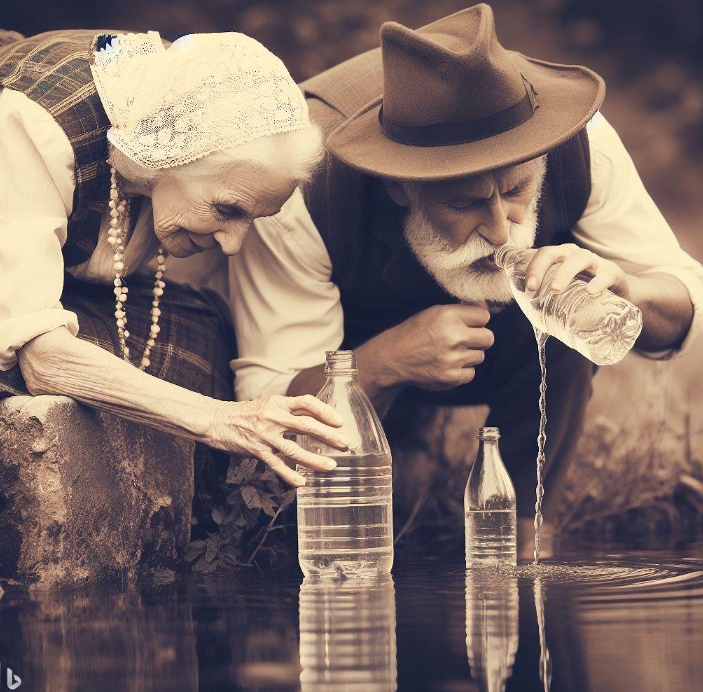 연못이나 샘에서 깨끗한 물을 마시는 옛날 사람들