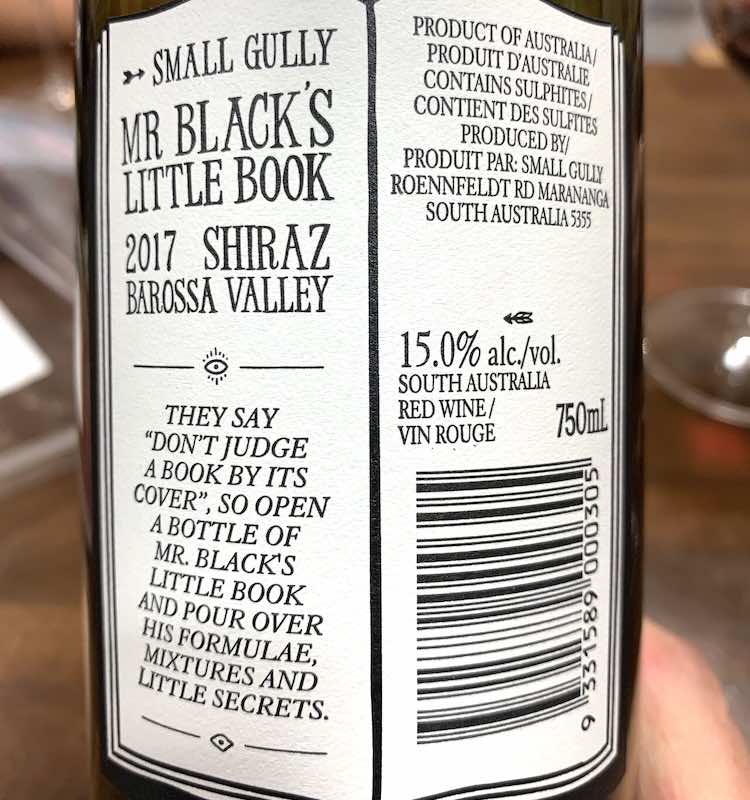 Small Gully Mr. Black's Little Book Shiraz 2017의 백 라벨