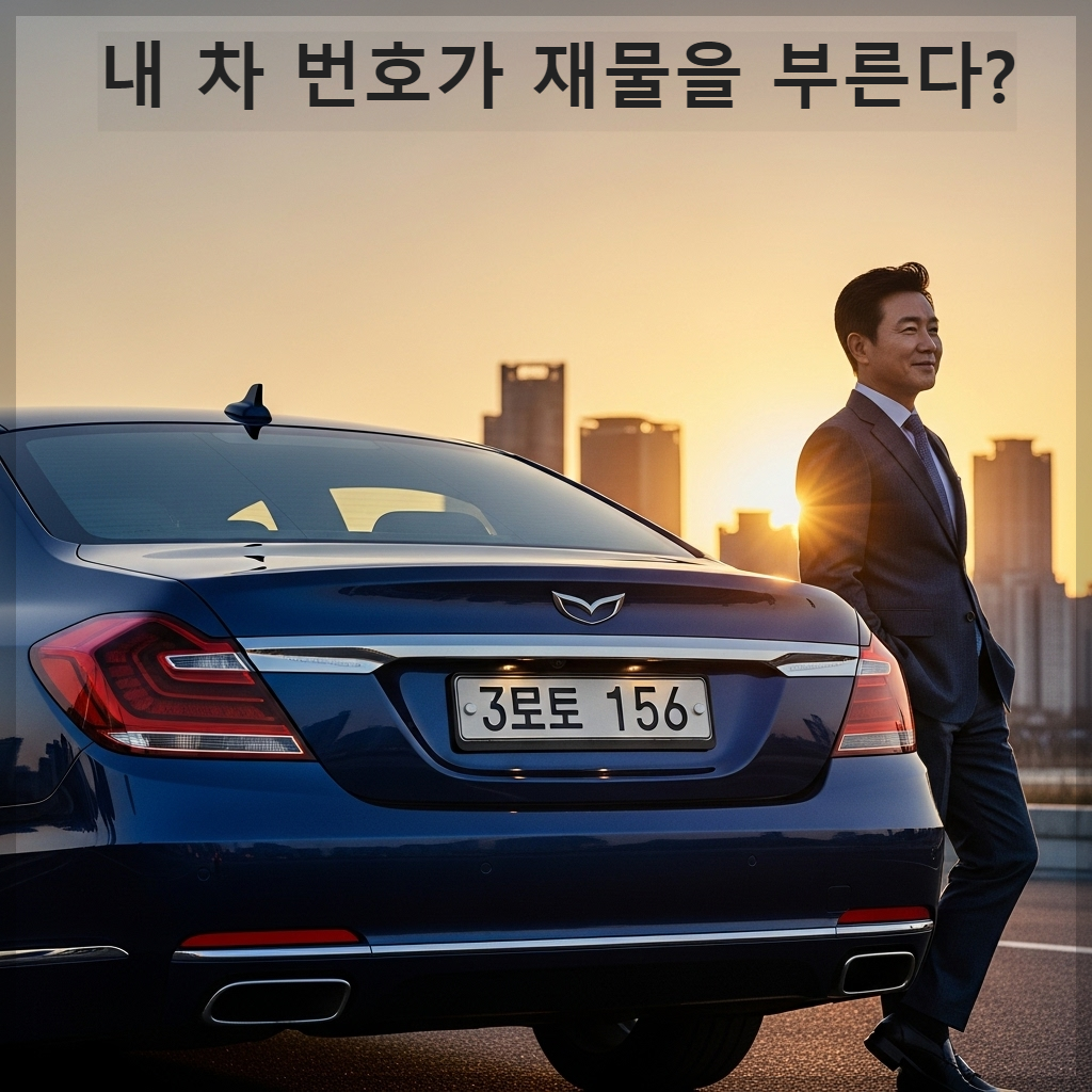 황금빛 노을 아래 세련된 대형 세단의 번호판이 빛나고 있으며, 그 옆에서 성공한 인상의 한국인 남성이 만족스러운 미소를 짓고 있는 프리미엄 자동차 화보 이미지