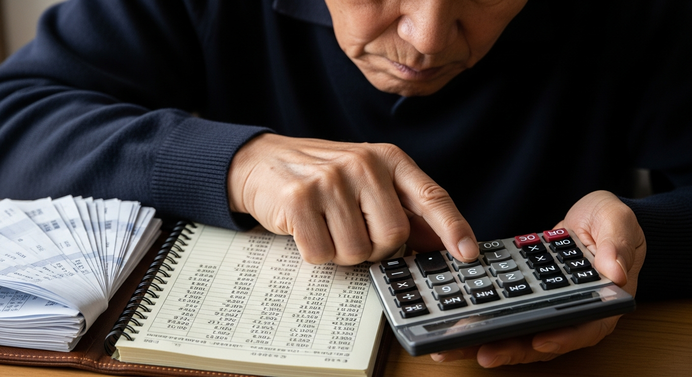 한 노인 남성이 계산기를 들고 청구서와 복잡한 숫자가 적힌 메모를 보며 재건축 추가 분담금을 신중하게 계산하는 모습의 클로즈업 사진.