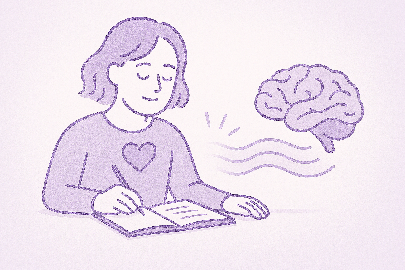 라벤더와 페일 그레이 톤으로 하루 5문장 기록의 감정적 깊이와 정서적 안정감을 표현한 일러스트