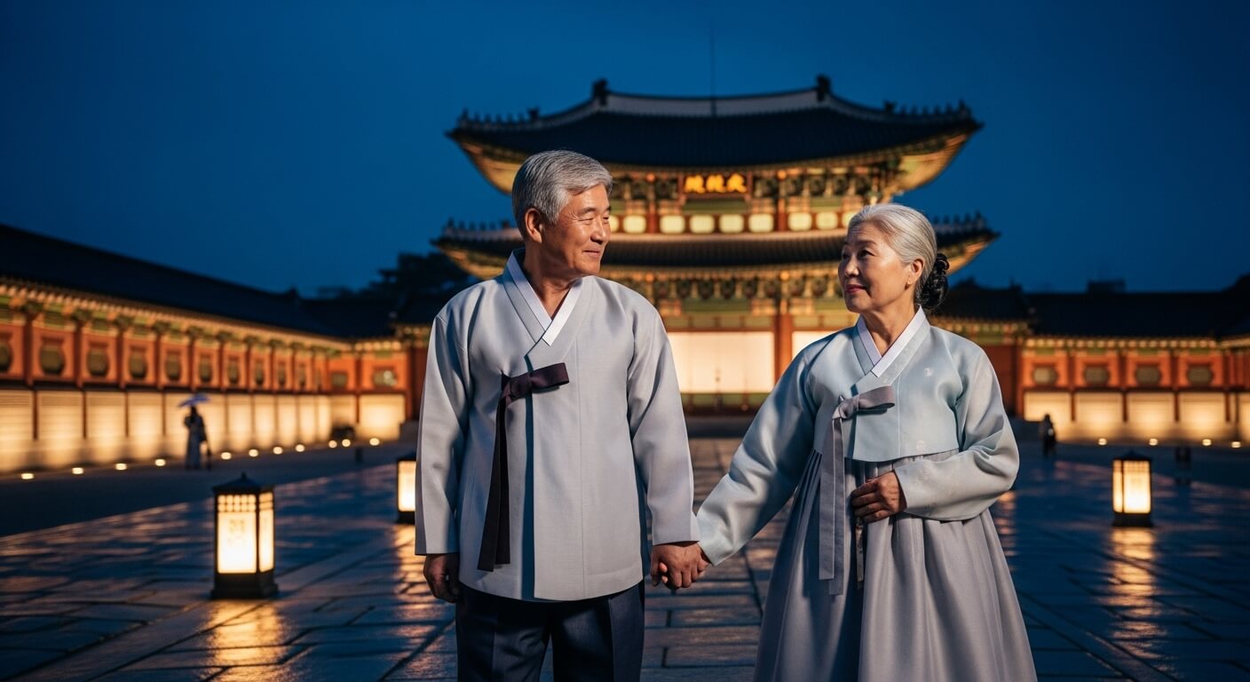 전통 복장을 한 중장년 부부의 궁궐 야간 산책