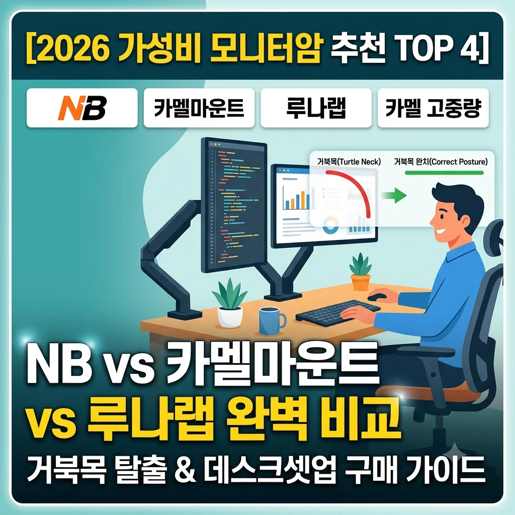 2026 가성비 모니터암 추천 TOP 4 NB F80 카멜마운트 CA2 루나랩 PMA2 고중량 비교 거북목 설치 가이드